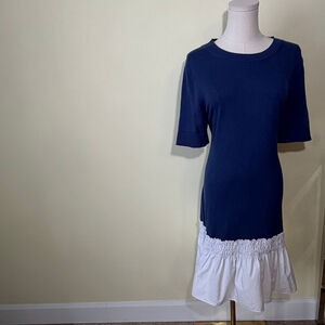 COS Women’s Blue & White Cotton Short Sleeve Knit Ruffle Hem Dress M